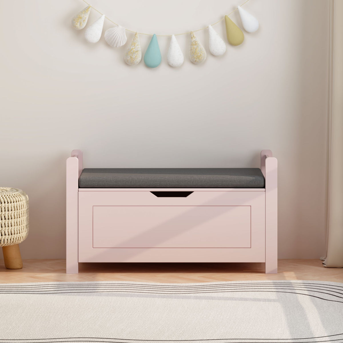 Kids Toy Box Chest for Boys Girls, Large Storage Cabinet with Cushion Seat Bench/ Flip-Top Lid/ Safety Hinge, Toy Storage Organizer Trunk for Nursery, Playroom (Pink)