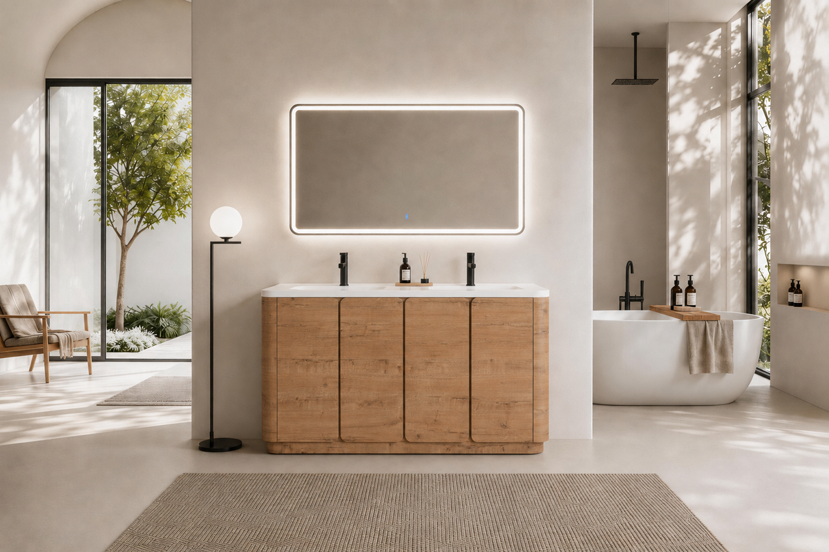 60'' Freestanding Bathroom Vanity with White Resin Sink, 4-Soft-Close Door, KD-Packing, Plywood, Imitative Oak