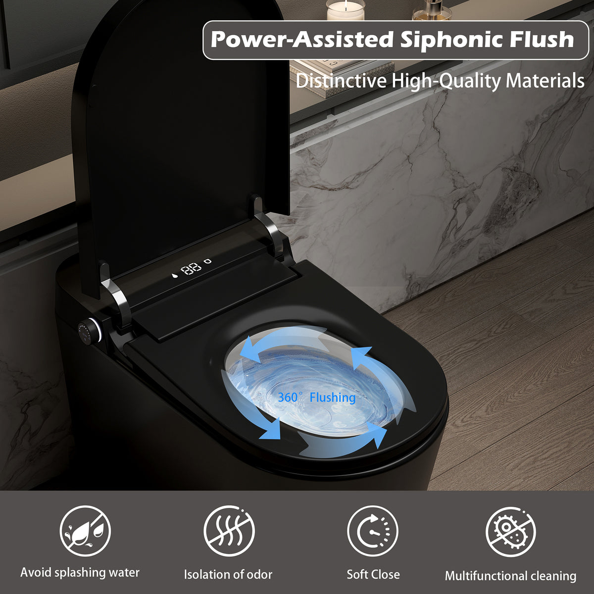 Smart Toilet With Bidet Built-in,Auto Flush, Foot Kick, Hands-Free Adjusted Heated Seat & Warm Air Dyring, Foam Shield Self Cleaning Nozzle,Bidet Toilet 12" Rough-in (Black)