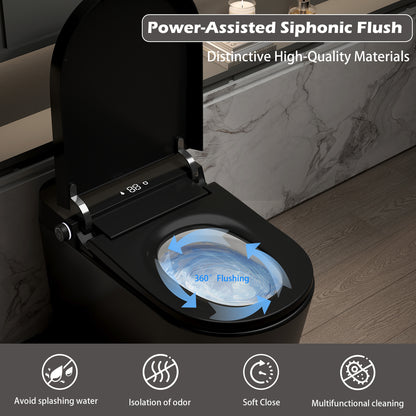 Smart Toilet With Bidet Built-in,Auto Flush, Foot Kick, Hands-Free Adjusted Heated Seat & Warm Air Dyring, Foam Shield Self Cleaning Nozzle,Bidet Toilet 12" Rough-in (Black)
