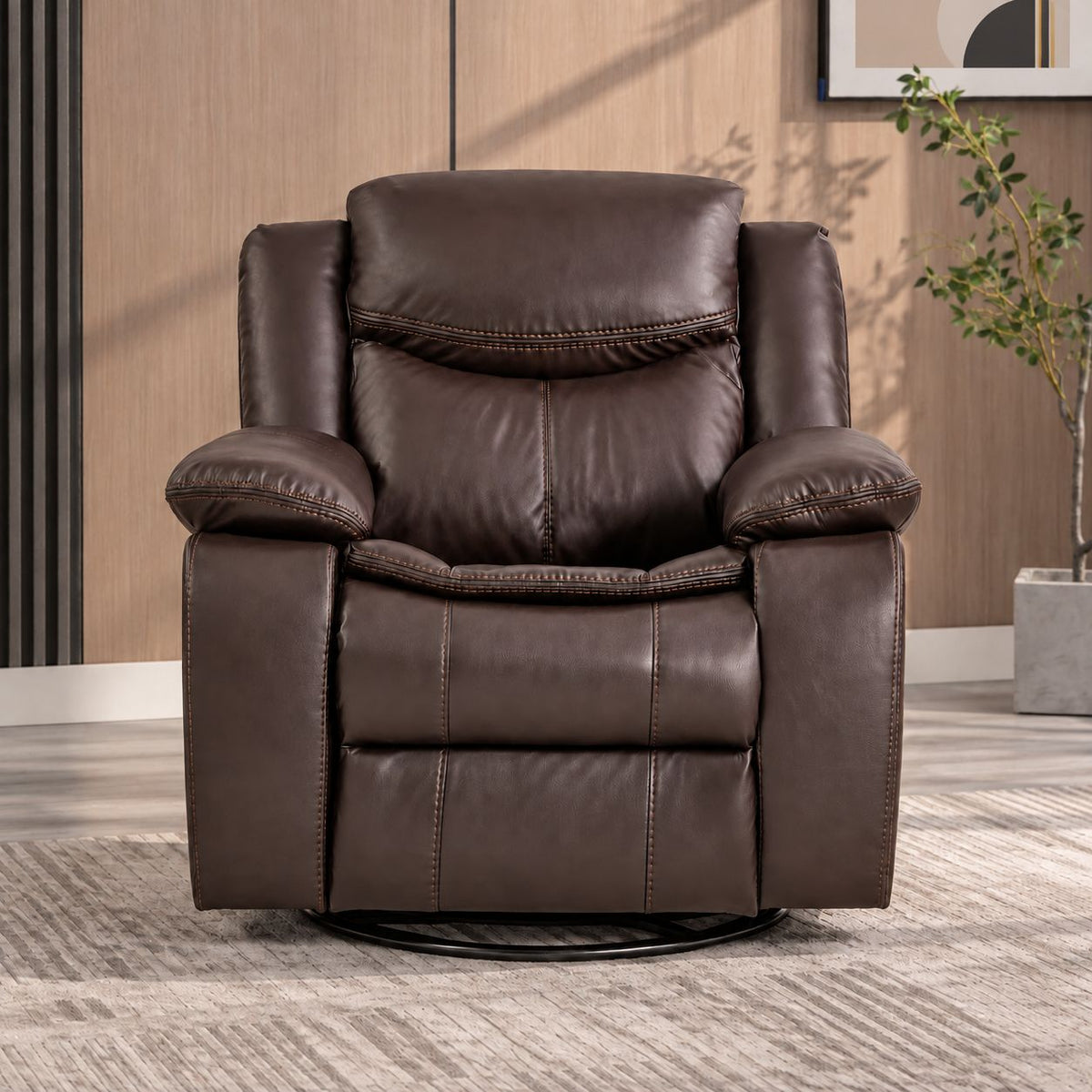 Faux Leather Swivel Recliner Chair, Manual Reclining Armchair with 360° Swivel Base, Padded Backrest & Armrests