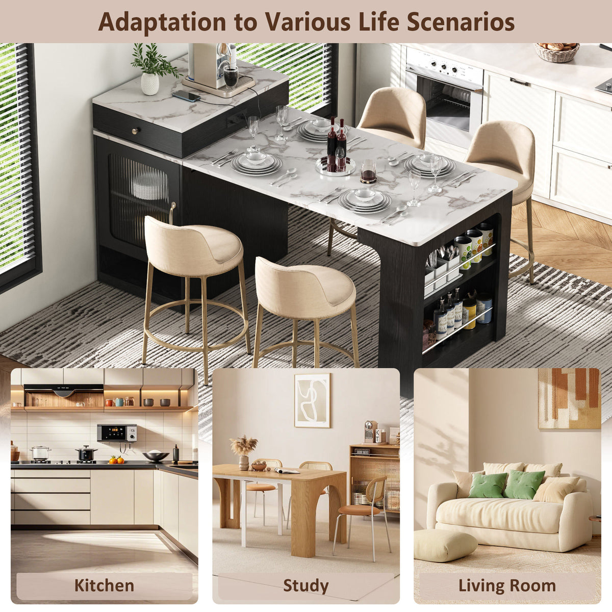 K&K 59.5" Kitchen Island with Extendable Dining Table, Kitchen Storage Table with Double-sided Storage, Kitchen Island with 2 Drawers