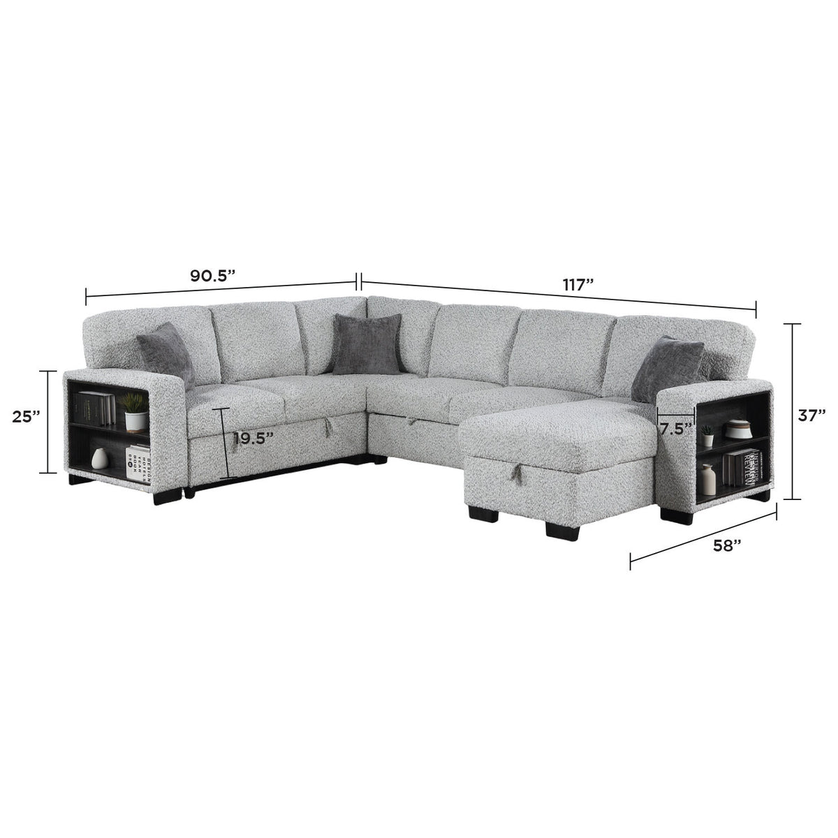 Giza Modular Sectional Sofa with Sleeper, Storage, USB Charging and Bouclé Upholstery in Gray