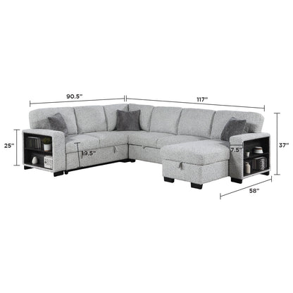 Giza Modular Sectional Sofa with Sleeper, Storage, USB Charging and Bouclé Upholstery in Gray
