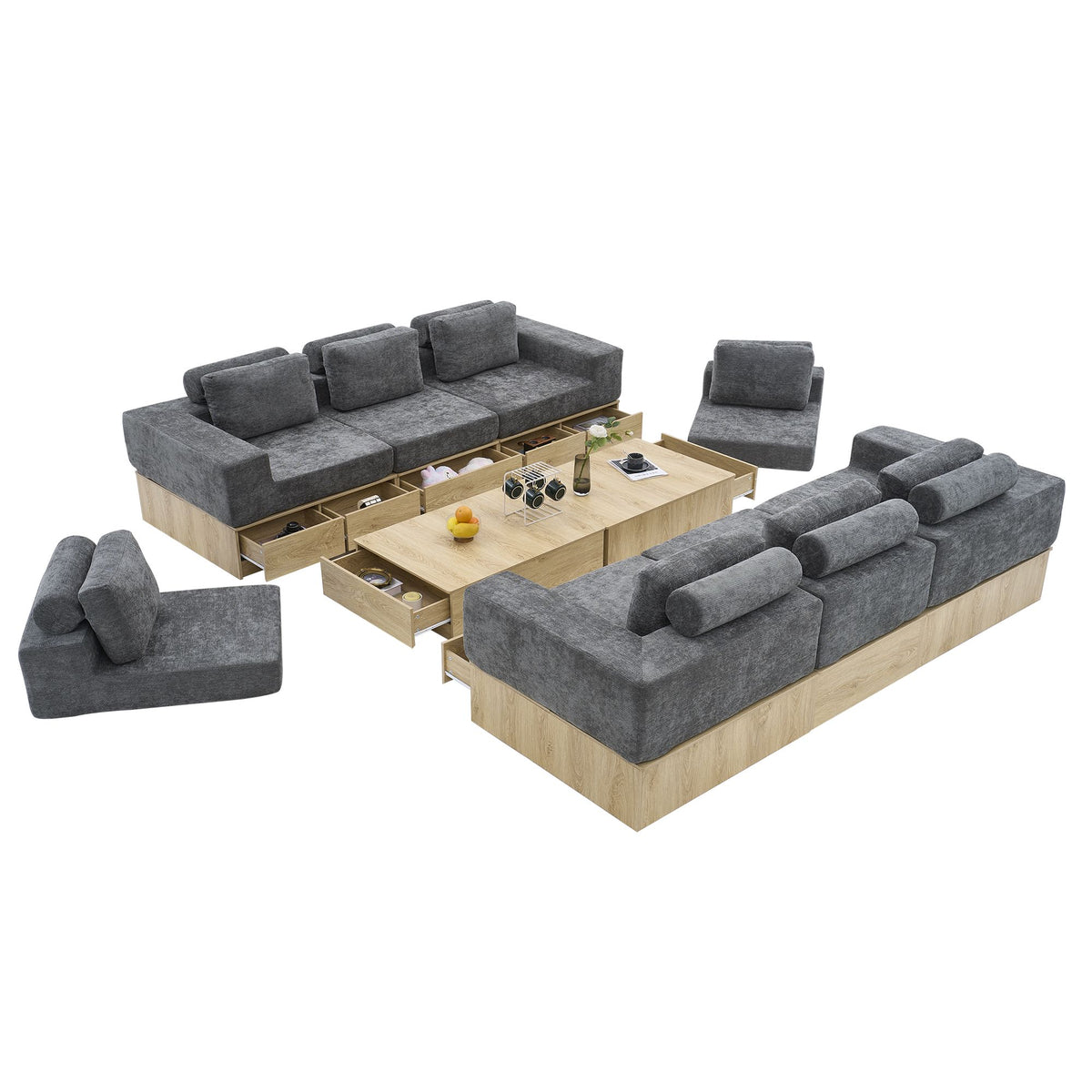 8-seat Modular Sectional Sofa with Storage Drawers, Multi-Functional L-Shaped Couch with Built-In Cabinet Base and Center Table Design, Convertible Combination Sofa Set, Modern Upholstered Sofa