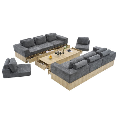 8-seat Modular Sectional Sofa with Storage Drawers, Multi-Functional L-Shaped Couch with Built-In Cabinet Base and Center Table Design, Convertible Combination Sofa Set, Modern Upholstered Sofa