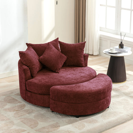 Orisfur. 360° Swivel Accent Barrel Chair with Storage Ottoman & 4 Pillows, Modern Chenille Leisure Chair Round Accent for Living Room, Red