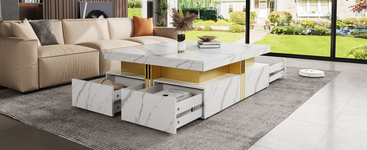 Modern White Square Storage Coffee Table with 4 Drawers