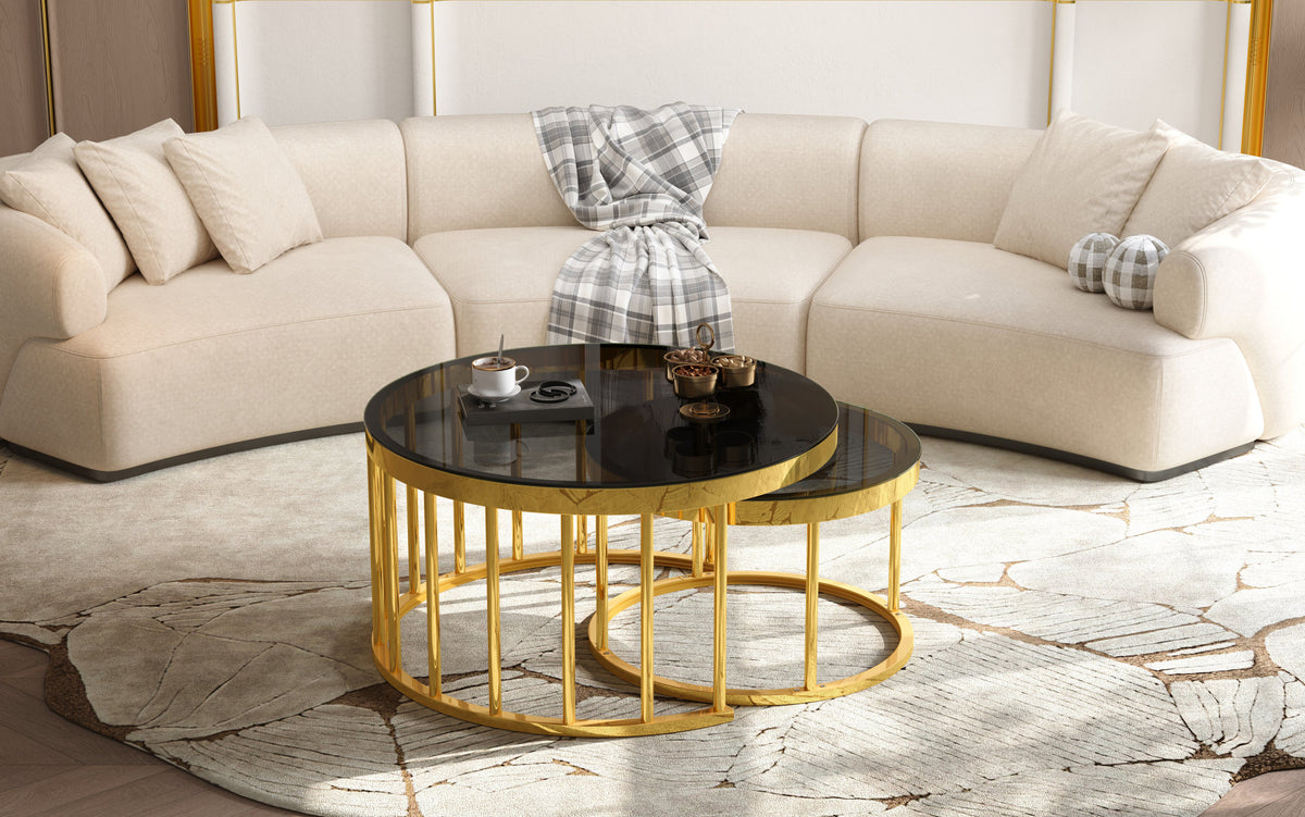 Round Nesting Coffee Table Set of 2, Modern Gold Metal Frame Circular Cocktail Table, Tempered Glass Top Accent Nesting Tables for Living Room, Apartment