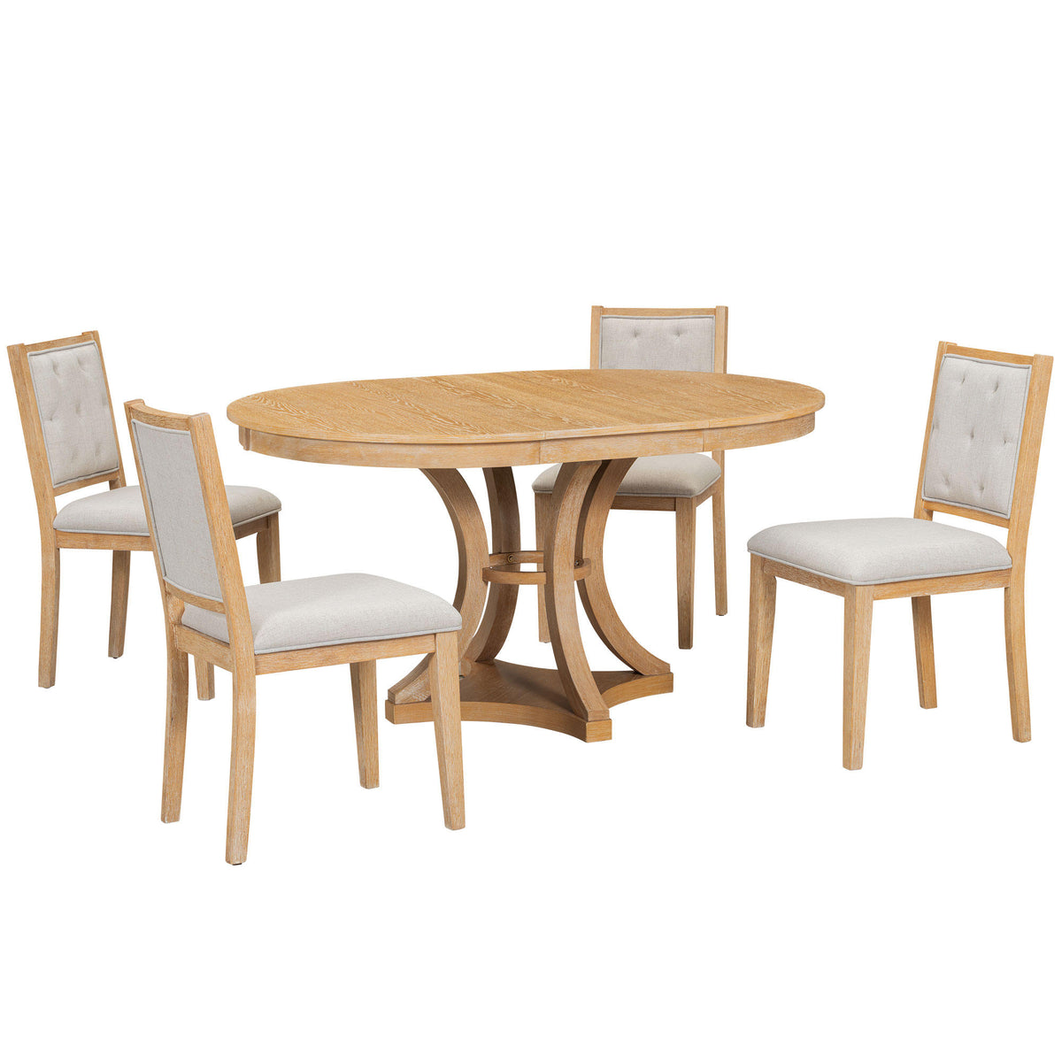 TREXM 5-Piece Retro Functional Dining Table Set Extendable Round Table and 4 Upholstered Chairs for Dining Room and Living Room (Natural)