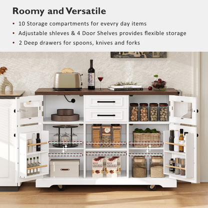 K&K 54.9" Kitchen Island with Drop Leaf, Power Outlet, Kitchen Storage Cart with 4 Door Shelves, Cross Barn Doors & Visual Glass Door – White