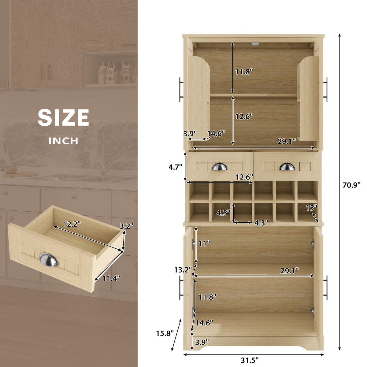 70.9" Tall Farmhouse Wine Storage Cabinet, Removable 12-Bottle Wine Rack, 2 Spacious Drawers, 4 Door Shelves, Adjustable Shelves & 2-Tier Storage Cabinets for Kitchen, Dining Room,Natural