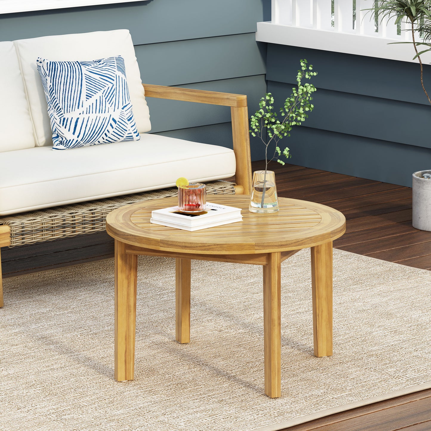 Outdoor Acacia Wood Patio Coffee Table, Wooden Patio Furniture, Round Slatted Side Table for Porch, Garden, Backyard, Balcony, 27' Dia x 17' H, Weather Resistant Brown Finish