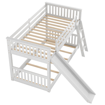 White Twin over Twin Bunk Bed with Convertible Slide and Ladder, Pine Wood, 79.1''L x 42.1''W x 49.4''H