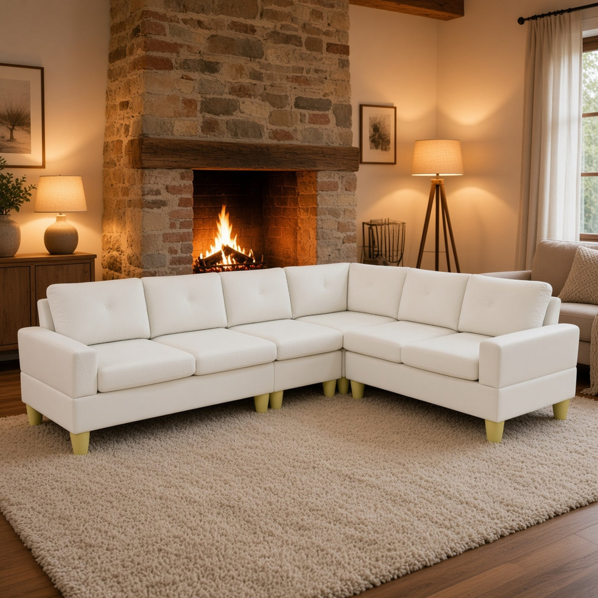 95.5 x 75 Inches Width Beige Modular L-Shaped Sectional Sofa 6-Seater 4-Piece Massa Flannel Fabric Couch with Chaise