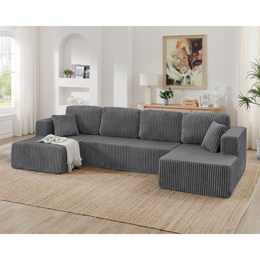 U shape Modular Sectional Sofa, Compressed Sectional Sofa Modern Minimalist Style Corduroy Couch, Sleeper Sofa for Living Room, Bedroom, Comfy Compressed Sofa Couch Space-Efficient Design-Gray
