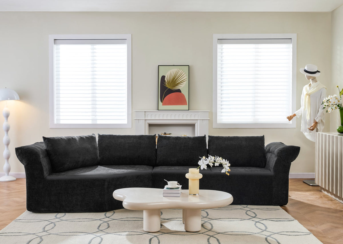 Modern Minimalist Modular Sectional Sofa, Left Arm, Wide Armrests & Throw Pillows, Elegant Curved Corner Sofa for Living Room & Bedroom-Black