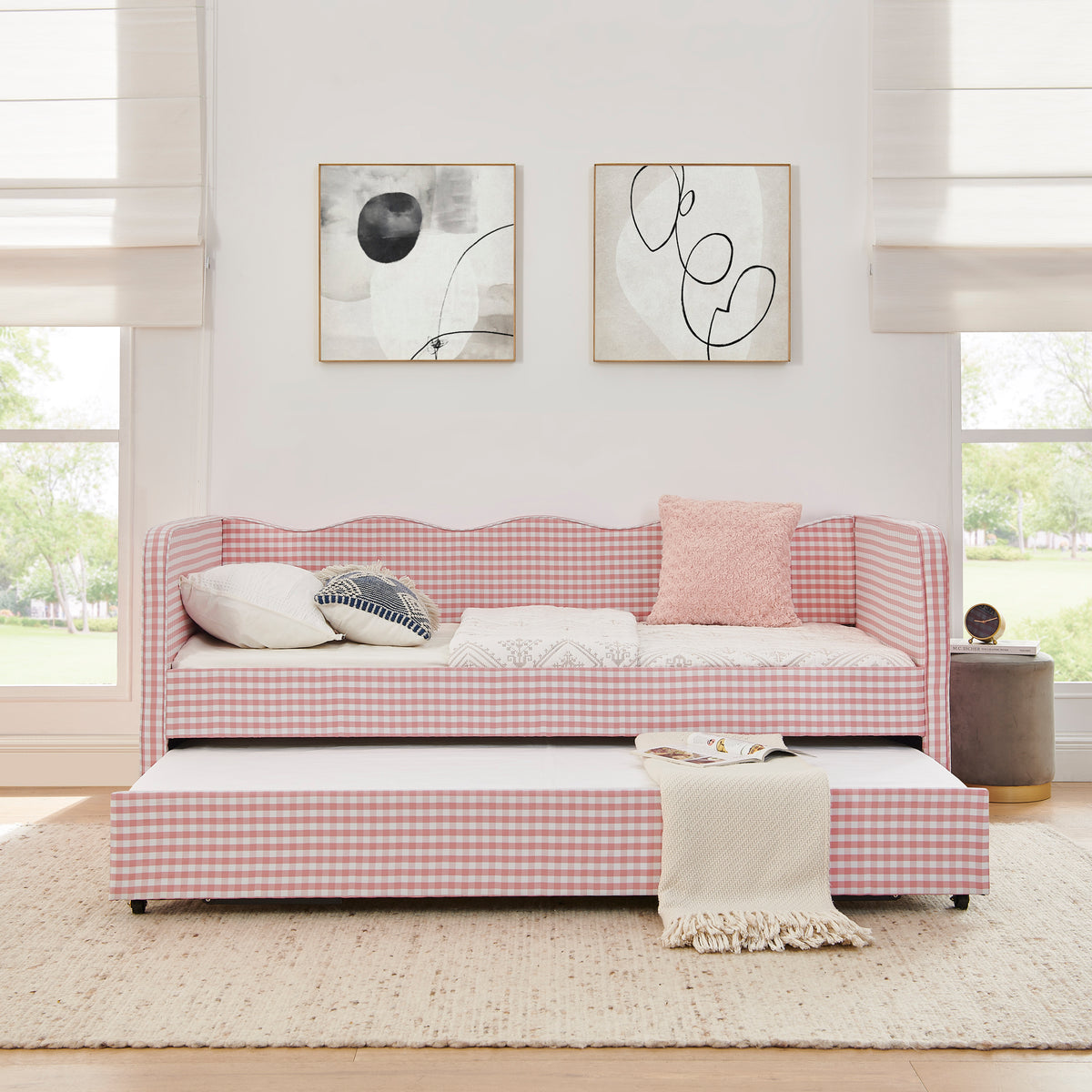 Twin‑Size Daybed, Gingham Upholstered 3‑in‑1 Versatile Convertible Sofa Bed with Pull‑Out Trundle & Side Storage Pockets, Ideal for Multiple Room Layouts and Small‑Space Living-Pink