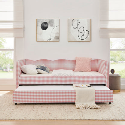 Twin‑Size Daybed, Gingham Upholstered 3‑in‑1 Versatile Convertible Sofa Bed with Pull‑Out Trundle & Side Storage Pockets, Ideal for Multiple Room Layouts and Small‑Space Living-Pink