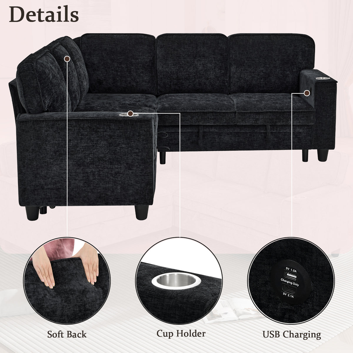 L-Shaped Sofa with Pull Out Sofa Bed, Sleeper Sofa Couch Bed with Storage Seat, 5 Seat Sectional Sofa Bed with USB, Sectional Sofa Couch