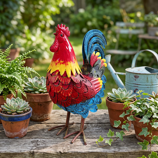 Wrought-iron rooster garden statue, metal rooster sculpture, ideal for landscape decoration and as a focal point for outdoor lawns, farms, and backyards.