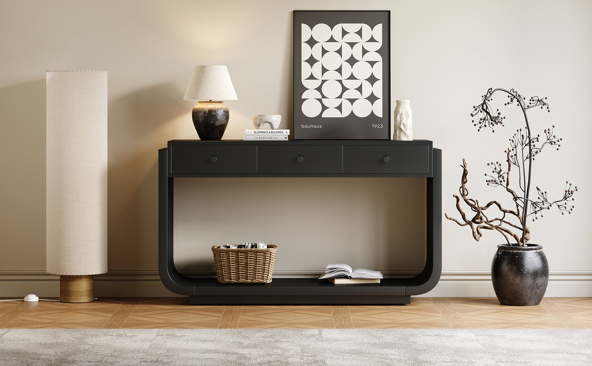 Classic-Style Console Table, 3 Storage Drawers, Display Shelf, Curved Legs, Painted Finish, Black