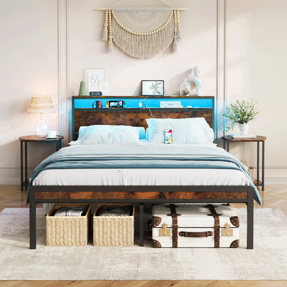 Full Size Metal Bed Frame with Headboard and Footboard, LED Lighting, Black Heavy Duty Mattress Foundation with Steel Slat Support, Noise Free,81.73'L x 54.13'W x 38.96'H