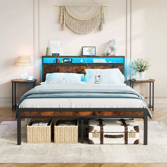 Full Size Metal Bed Frame with Headboard and Footboard, LED Lighting, Black Heavy Duty Mattress Foundation with Steel Slat Support, Noise Free,81.73'L x 54.13'W x 38.96'H