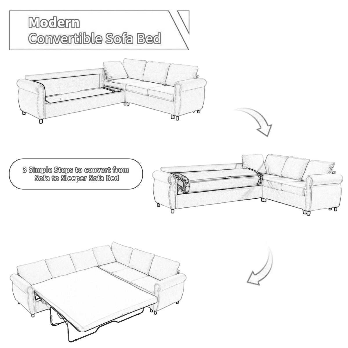 [NEW ARRIVED] [VIDEO PROVIDED] Sleeper Sofa, 2 in 1 Pull Out Couch Bed,6 seater sofa bed, L Shaped Sleeper Sectional Sofa Couch,Riveted sofa,104'' Large combined sofa Bed in living room, Brown