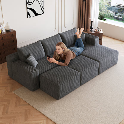 95' Cloud Sectional Sofa with 2 Ottoman,Modern Minimalist Upholstered Couches, Comfort U Shaped Sofa for Living Room,Deep Seat Corner Couch,No Assembly Required,Dark Grey(Plush Corduroy Fabric)