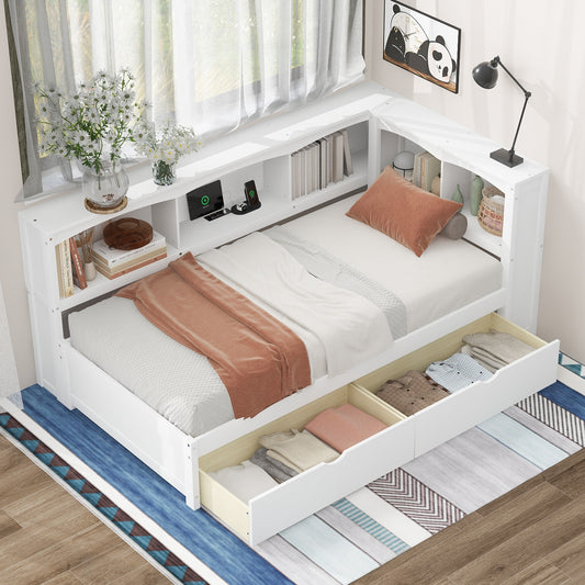 White Twin Size Daybed with Two Storage Drawers, Storage Cabinets, USB Ports, and Durable MDF Frame