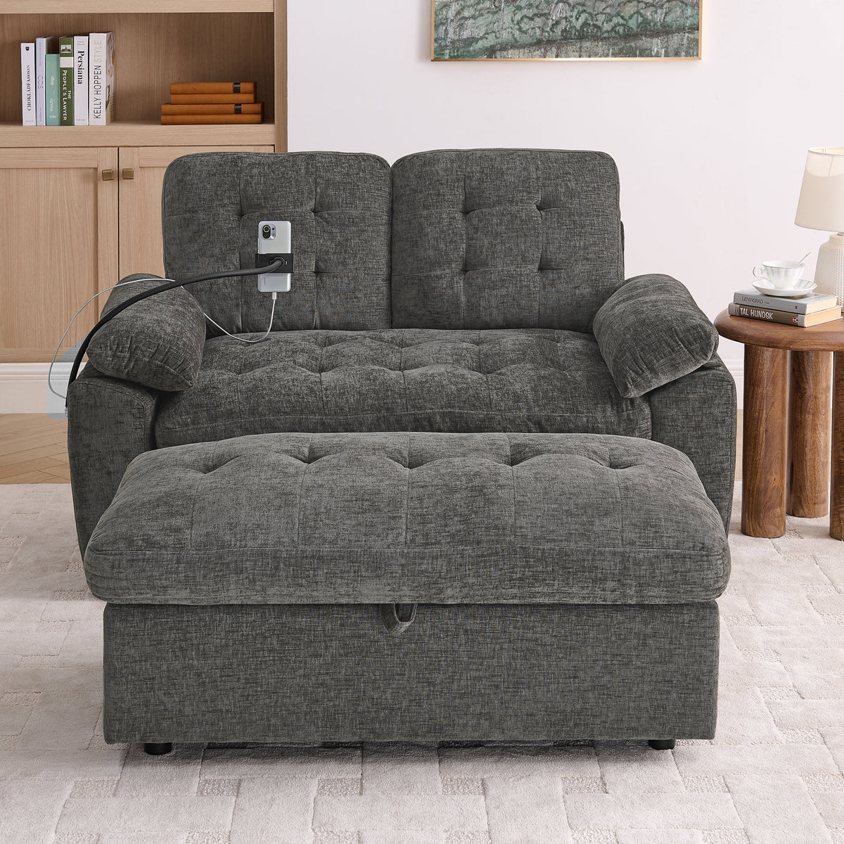 Leisure sofa chair,Double sofa recliner, with manually adjustable backrest, soft padded armrests, side USB charging port and phone stand, comes with a matching storage ottoman-Gray