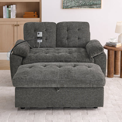 Leisure sofa chair,Double sofa recliner, with manually adjustable backrest, soft padded armrests, side USB charging port and phone stand, comes with a matching storage ottoman-Gray