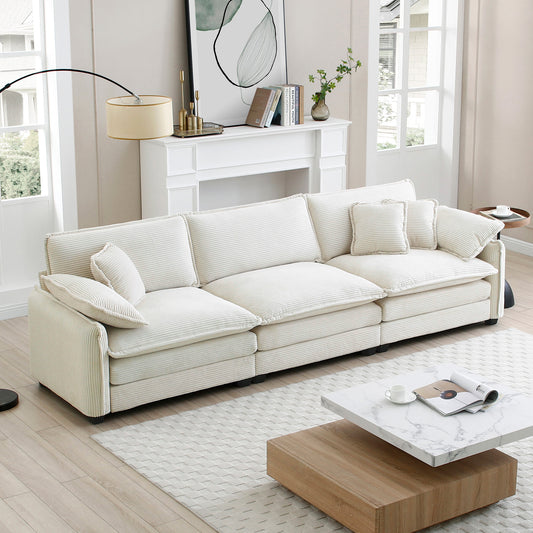 Mid-Century Modern 3-Seater Sectional Sofa with 2 Arm Pillows and 3 Throw Pillows, Beige Corduroy Fabric