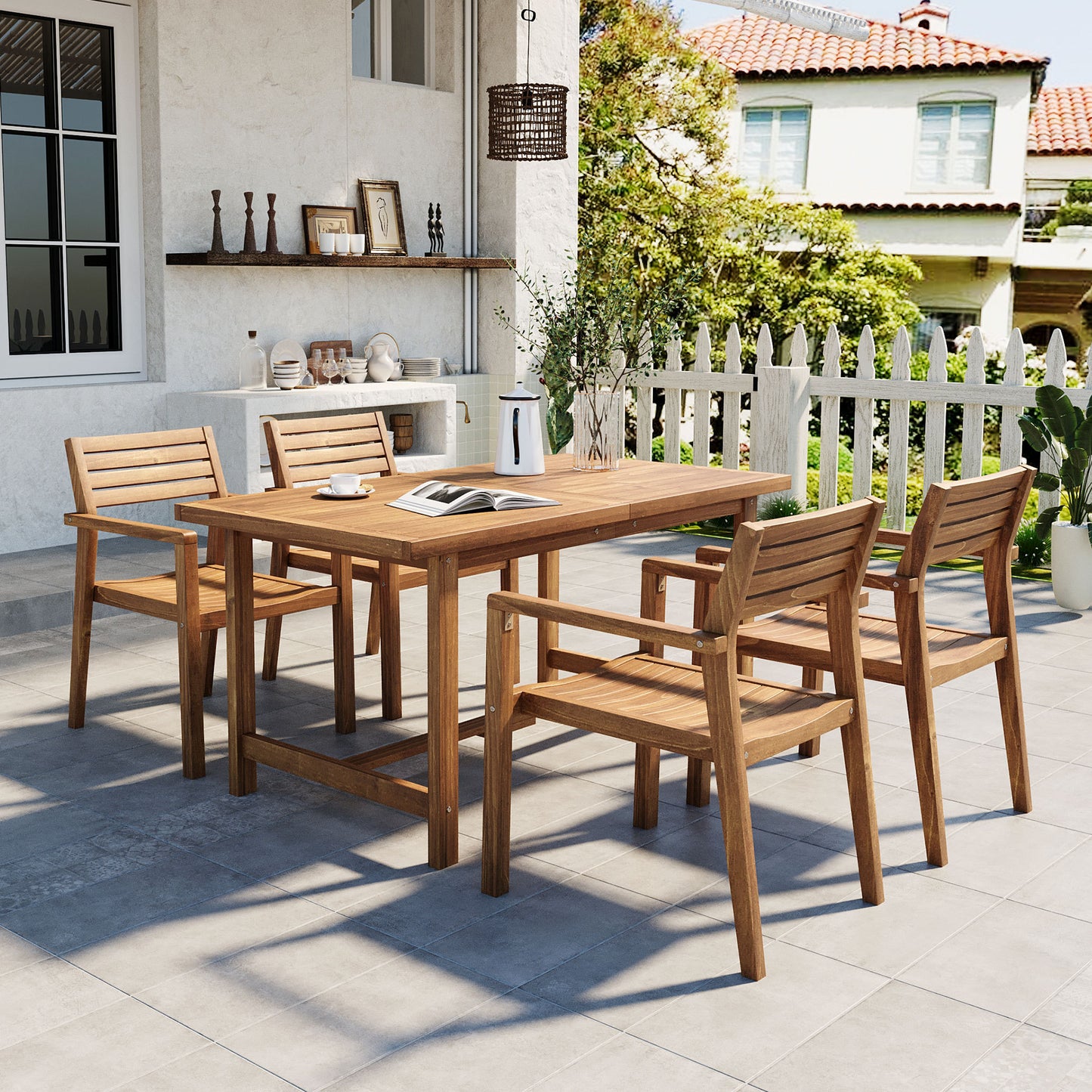 U_STYLE 5-Piece Outdoor Acacia Wood Outdoor Dining Set of 4,59.06-Inch Rectangular Table with Umbrella Hole,Suitable for Patio, Lawn, Garden, Poolside, & Indoor Use