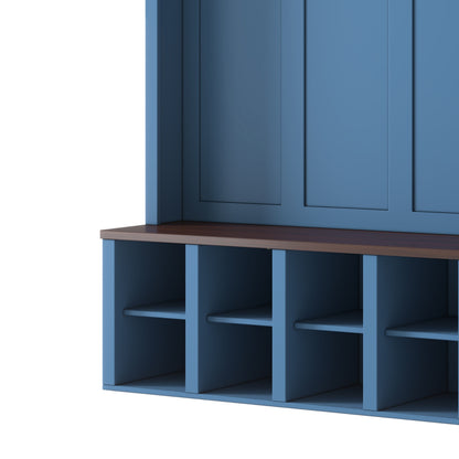 Farmhouse Wooden Hall Tree with 6 Hooks, Walnut Storage Bench with Adjustable Shelves, 4-in-1 Entryway Shoe Cabinet with Cubbies for Mudroom, Living Room, Blue (New Color of N721S000044K-1/B-1)