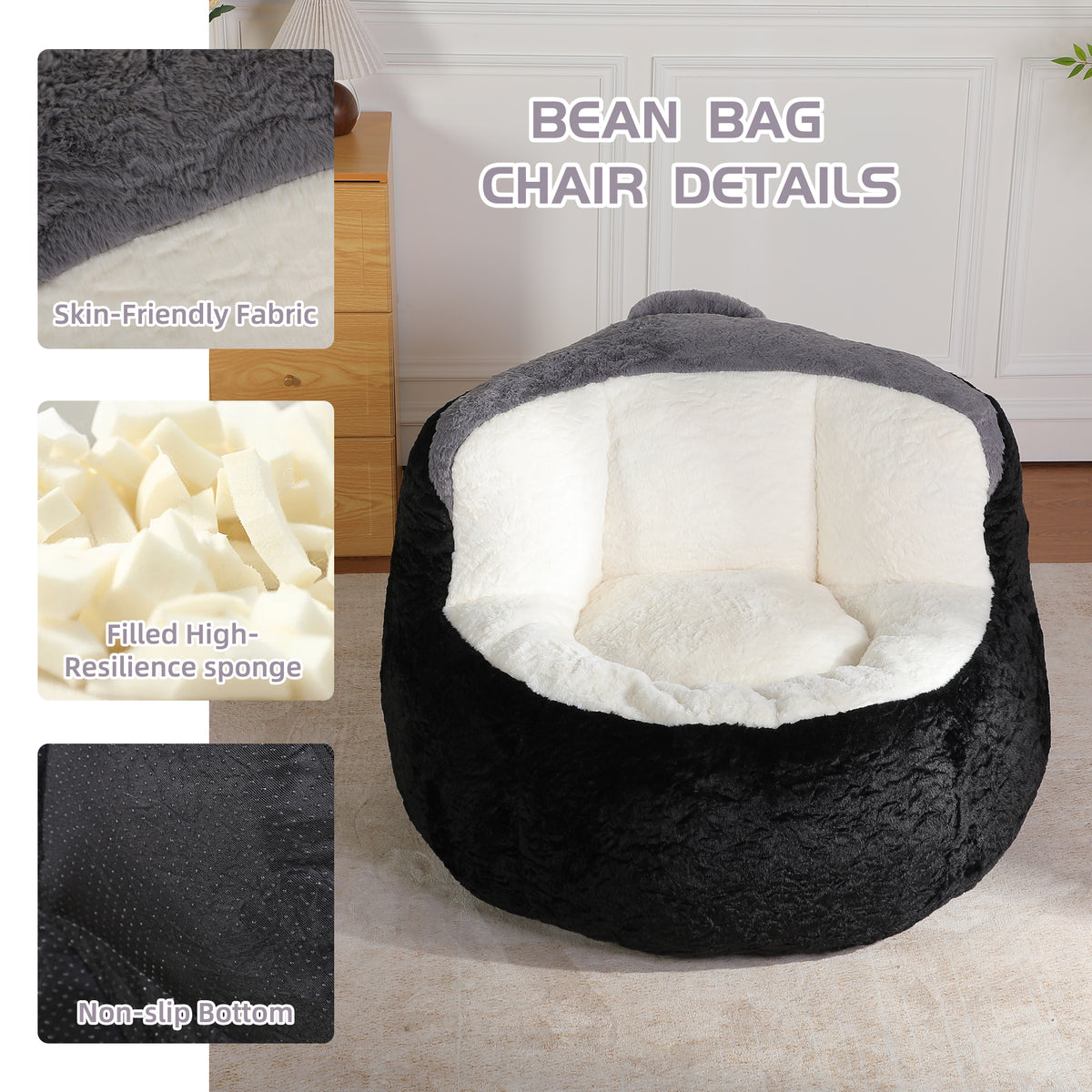 Oversized Bean Bag Chairs, Multicolor Faux Fur Couch Filled with Shredded Sponge, Large Lounger Sofa, No Assembly Required, Black+White+Grey