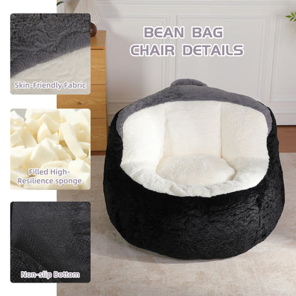 Oversized Bean Bag Chairs, Multicolor Faux Fur Couch Filled with Shredded Sponge, Large Lounger Sofa, No Assembly Required, Black+White+Grey