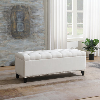 Beige Linen Button-Tufted Storage Ottoman with Safety Close Hinge, 47.5" x 16.5" x 16.25", Plywood Frame, High-Density Foam Cushion