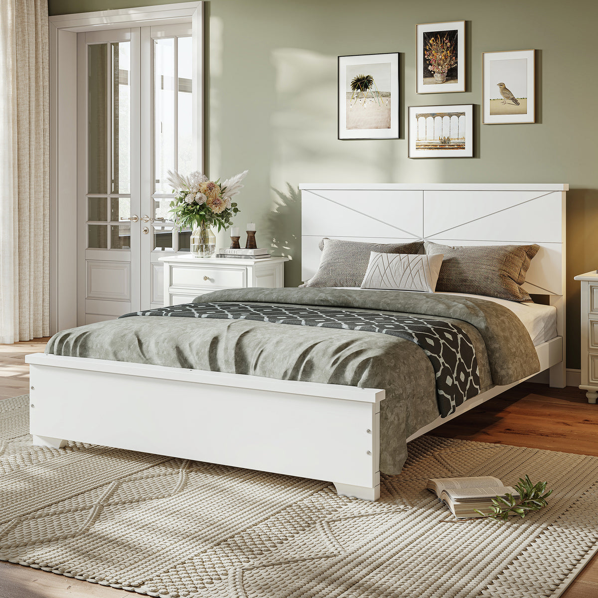 Full Size Platform Bed with Chic Design Headboard, Modern Full Bed Frame with Wood Slats Support, Low Profile Design, White
