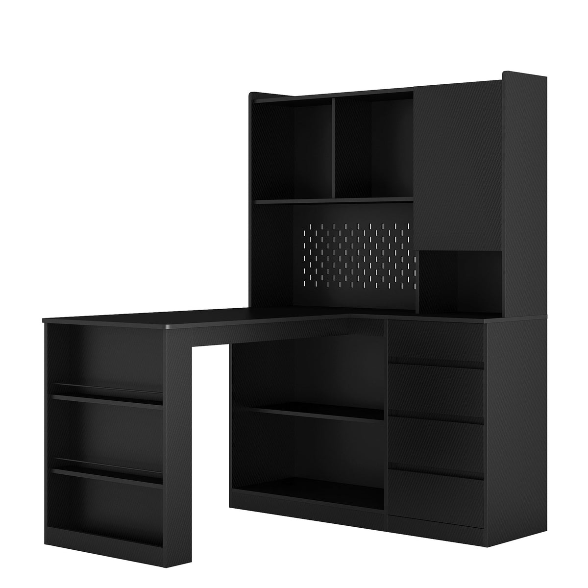 L Shaped Desk with Charger, Computer Desk with Drawers, Bookshelf, with LED Light, Modern Corner Desk, Home Office Desk – Black