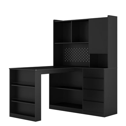 L Shaped Desk with Charger, Computer Desk with Drawers, Bookshelf, with LED Light, Modern Corner Desk, Home Office Desk – Black