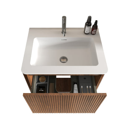 Etna 24" Striped Walnut Bathroom Vanity with White Solid Surface Sink, Wall Mounted Floating Bathroom Vanity for Modern Bathroom, Pre-assembled