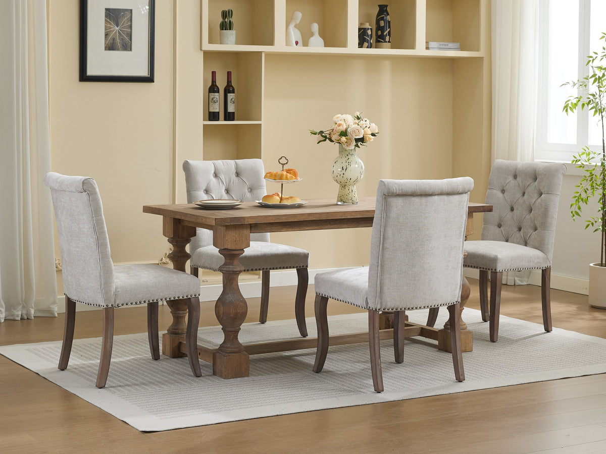 Upholstered Chenille Fabric Accent Dining Chair, Curved Solid Wood Legs, Elegant Tufted Club Dining Room Kitchen Room Dining Chair – Beige