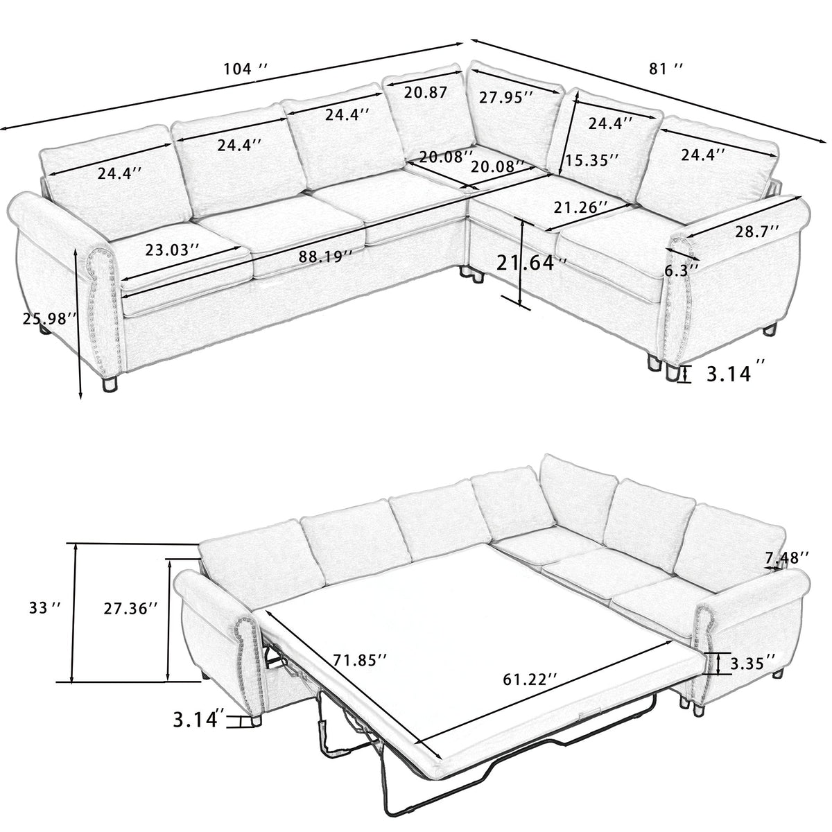 [NEW ARRIVED] [VIDEO PROVIDED] Sleeper Sofa, 2 in 1 Pull Out Couch Bed,6 seater sofa bed, L Shaped Sleeper Sectional Sofa Couch,Riveted sofa,104'' Large combined sofa Bed in living room, Brown