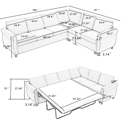 [NEW ARRIVED] [VIDEO PROVIDED] Sleeper Sofa, 2 in 1 Pull Out Couch Bed,6 seater sofa bed, L Shaped Sleeper Sectional Sofa Couch,Riveted sofa,104'' Large combined sofa Bed in living room, Brown