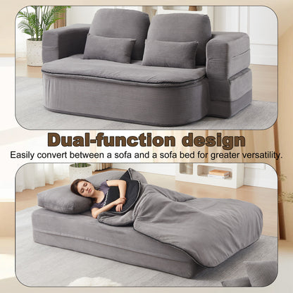 75'' 2-in-1 Foldable Sofa Bed with Multi-Functional Blanket in Grey Corduroy, Convertible Floor Lounge for Living Room Bedroom Studio