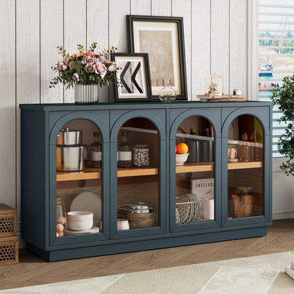 TREXM 4-Door Large Storage Buffet Cabinet with Glass Doors, Arched Cabinet with Adjustable Shelves - Navy