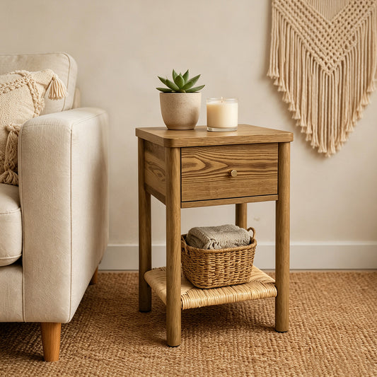 Walnut Ainsley Nightstand Side End Table with Rounded Edge Tabletop, Solid Wood Round Legs, Woven Jute Storage Shelf & Drawer, for Bedroom Living Room