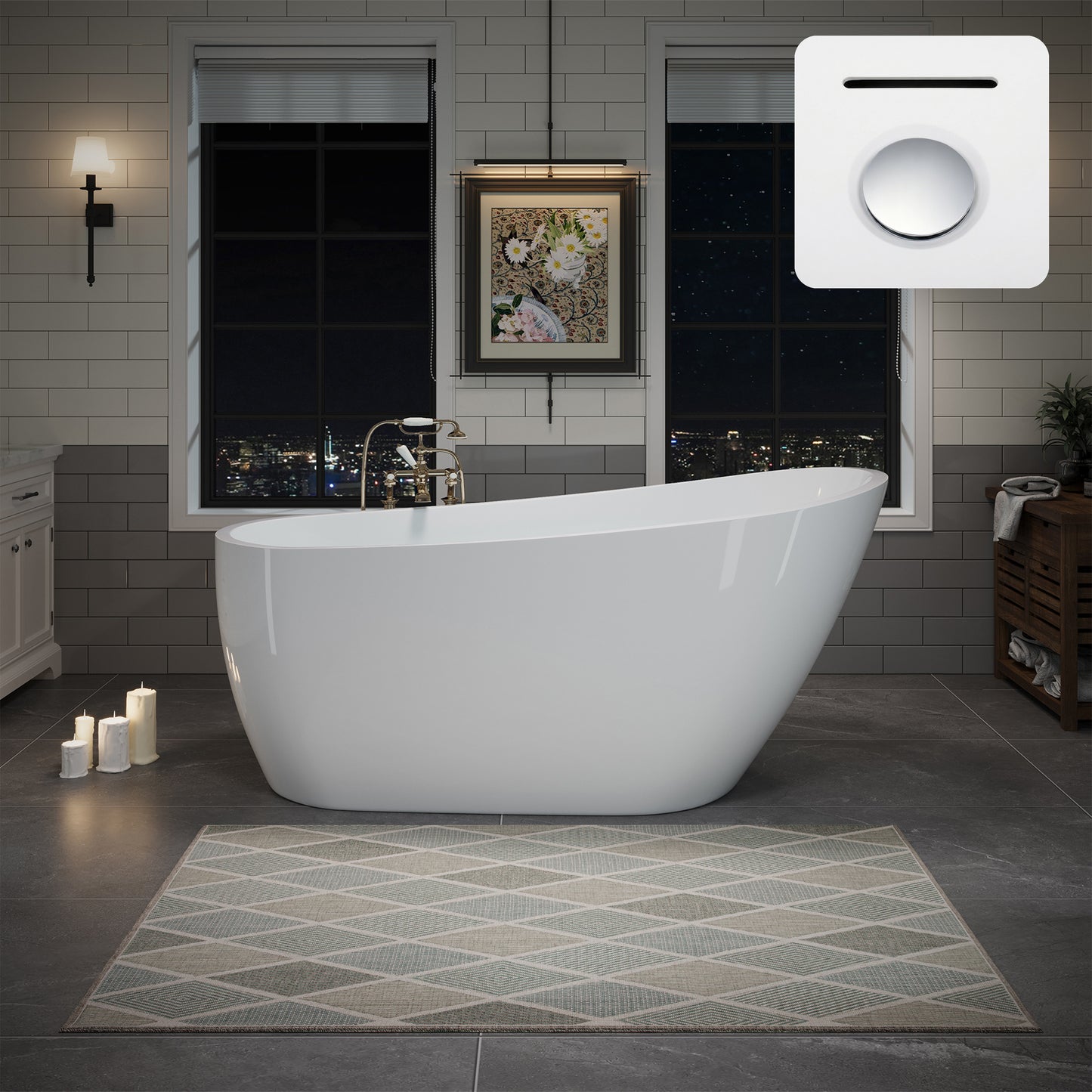 63' Acrylic Freestanding Bathtub, Deep Soaking Contemporary Stand Alone Bath Tub with Pop-up Drain & Integrated Overflow, Chrome-Finish Drain Cover, Glossy White GF-26A04-63